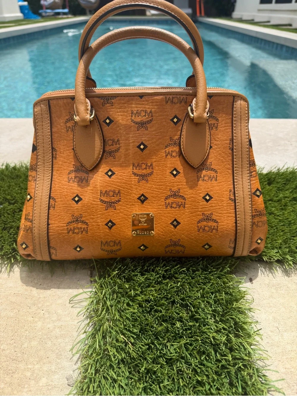 MCM Logo Mini Boston 2Way Shoulder Bag Studs Cognac Brown Auth